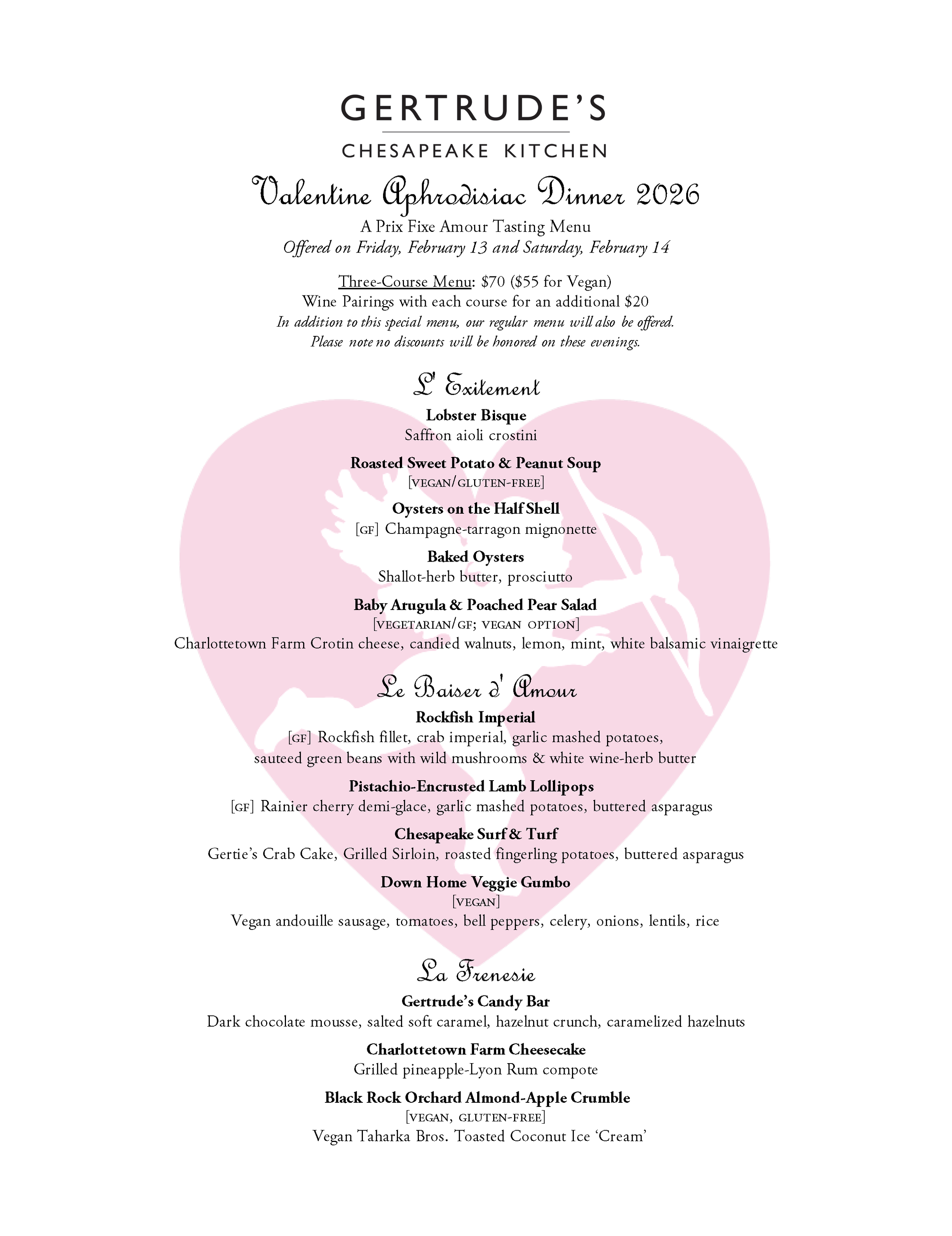 Valentine's Day Menu — Gertrude's Chesapeake Kitchen